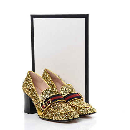 Gucci Glitter Nappa Web Peyton 75mm Loafer Pumps 37 Oro Vecchio 8 of 8