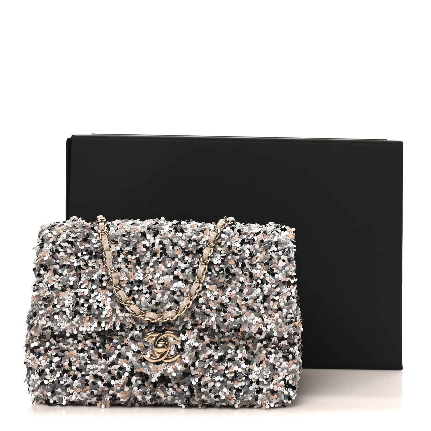 Chanel Sequin Quilted Small Single Flap Grey Black White Pearly White 10 of 10