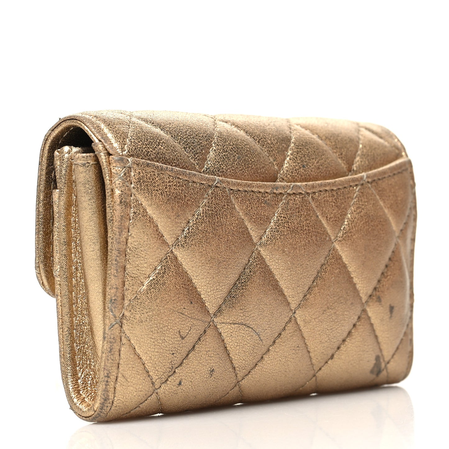 Metallic Lambskin Quilted Flap Card Holder Wallet Gold