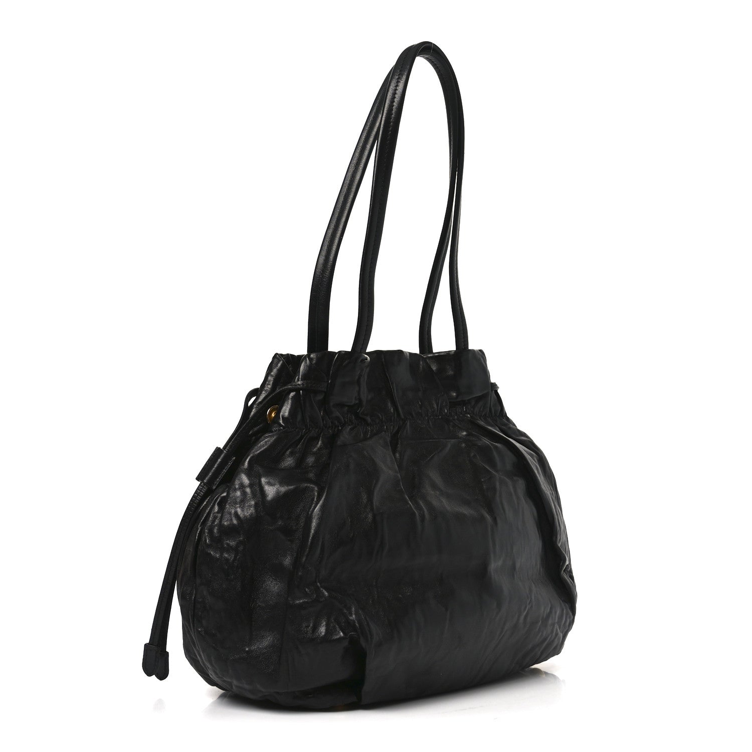 Prada Nappa Antique Drawstring Tote Black 1847995 – FASHIONPHILE