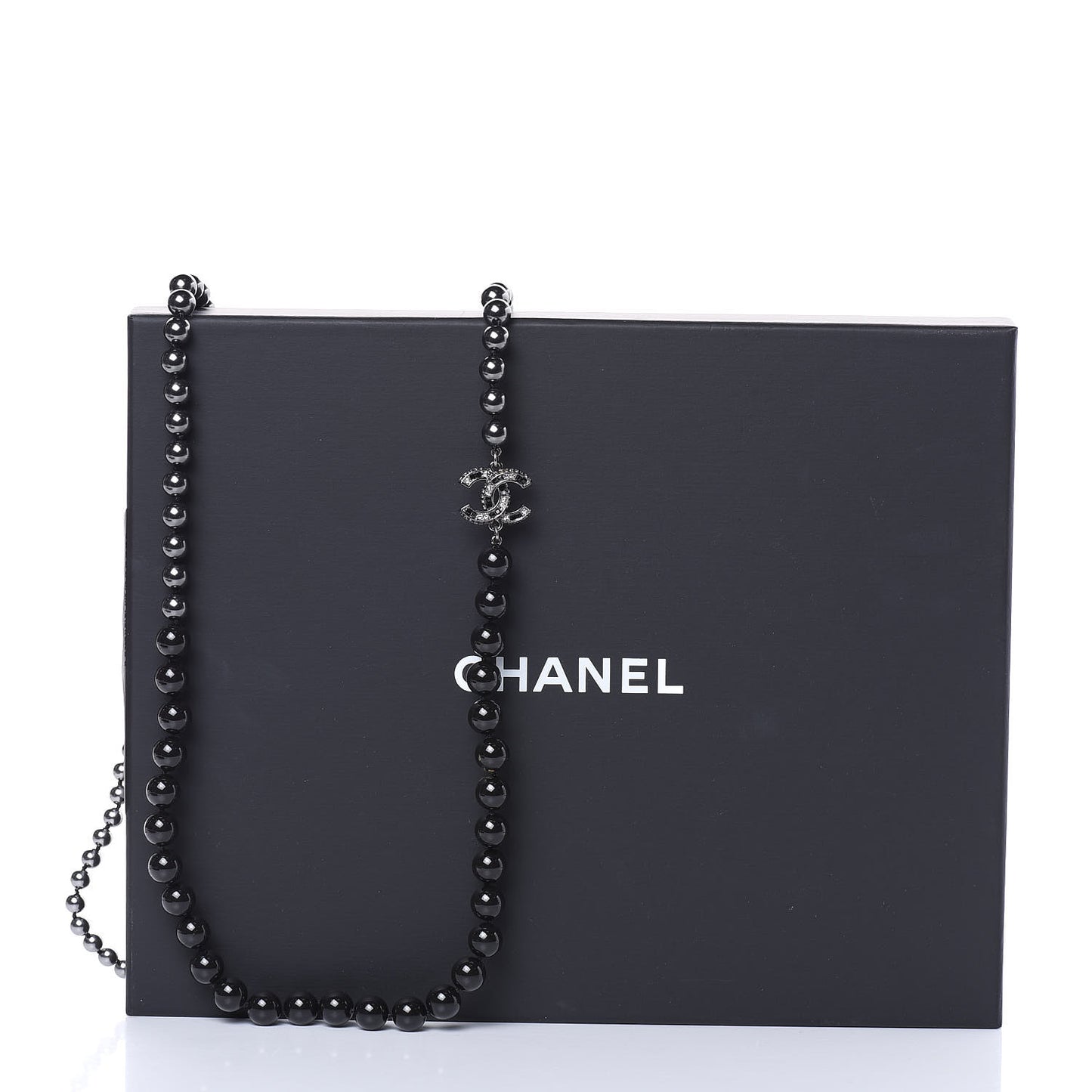 Ruthenium Crystal Baguette Pearl Beaded CC Long Necklace Black Grey