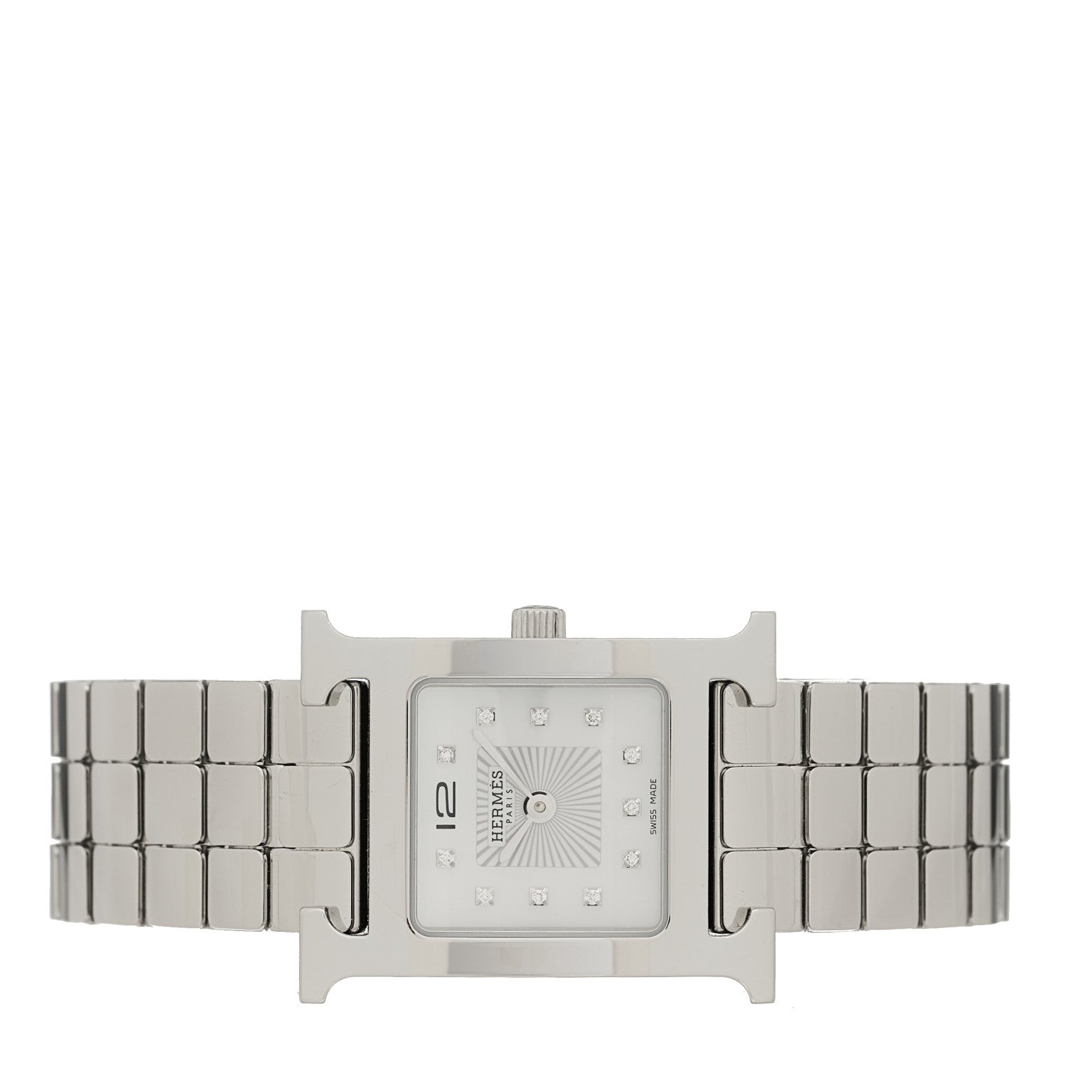 Hermes Stainless Steel Diamond Mother of Pearl 21mm Heure H Hour Quartz Watch 2 of 5