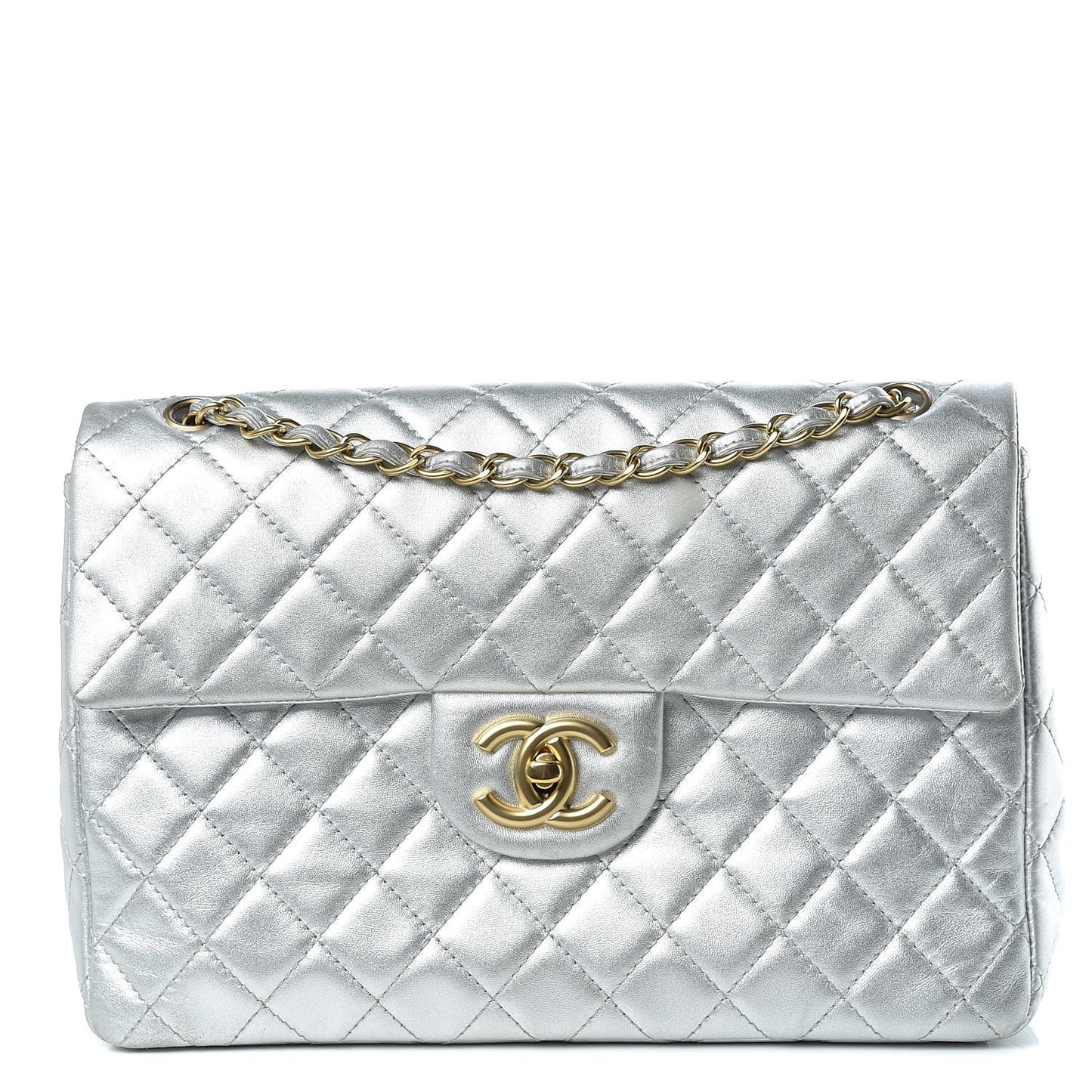 Metallic Lambskin Quilted Maxi Single Flap Silver