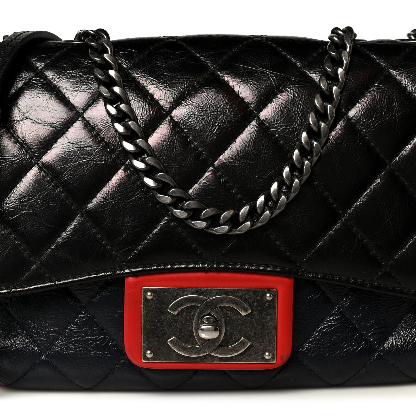 Shiny Goatskin Quilted Tri-Color Flap Black Red Navy
