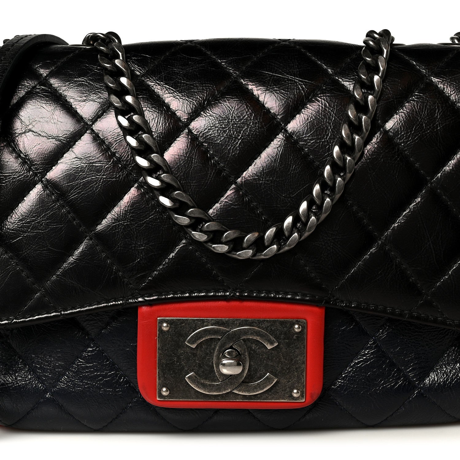 Chanel Shiny Goatskin Quilted Tri-Color Flap Black Red Navy 8 of 10