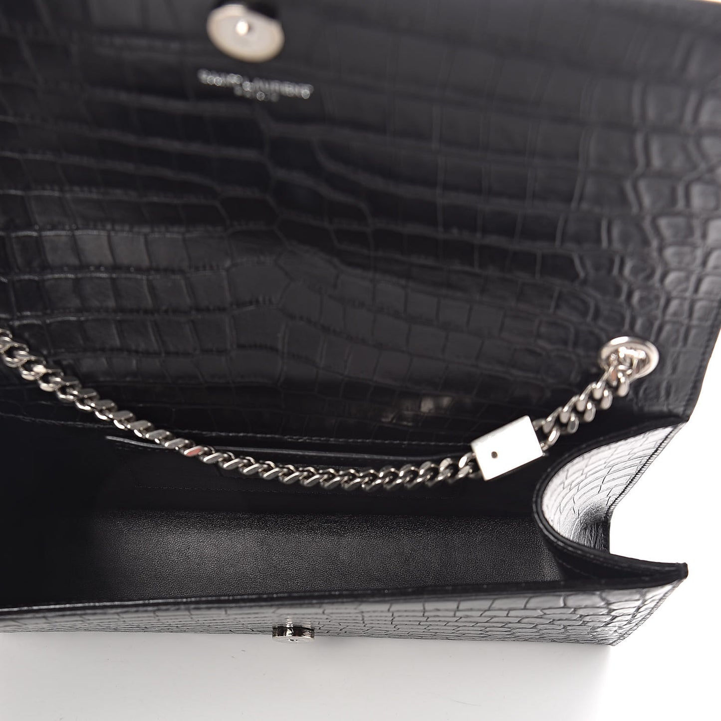 Calfskin Crocodile Embossed Medium Classic Monogram Kate Satchel Black