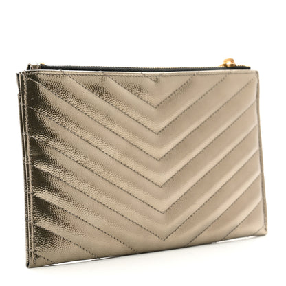 Saint Laurent Metallic Grain De Poudre Matelasse Chevron Monogram Bill Pouch Piombo 3 of 7