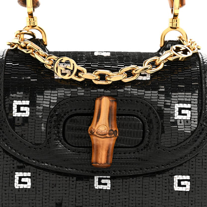 Gucci Sequin Lizard Embossed GG Mini Bamboo 1947 Top Handle Chain Bag Black White 8 of 11