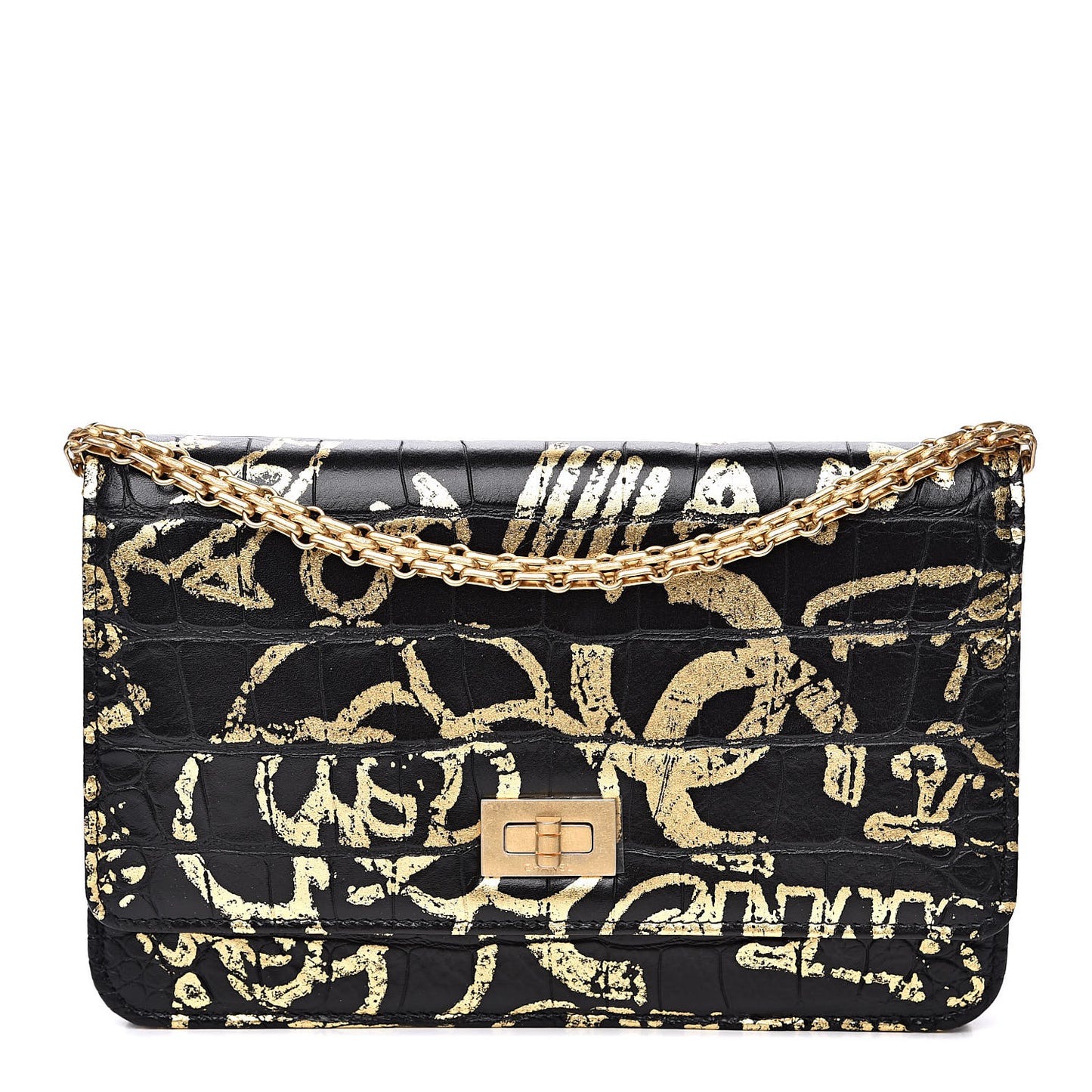 Calfskin Crocodile Embossed Graffiti 2.55 Crocodile Reissue Wallet On Chain WOC Black Gold
