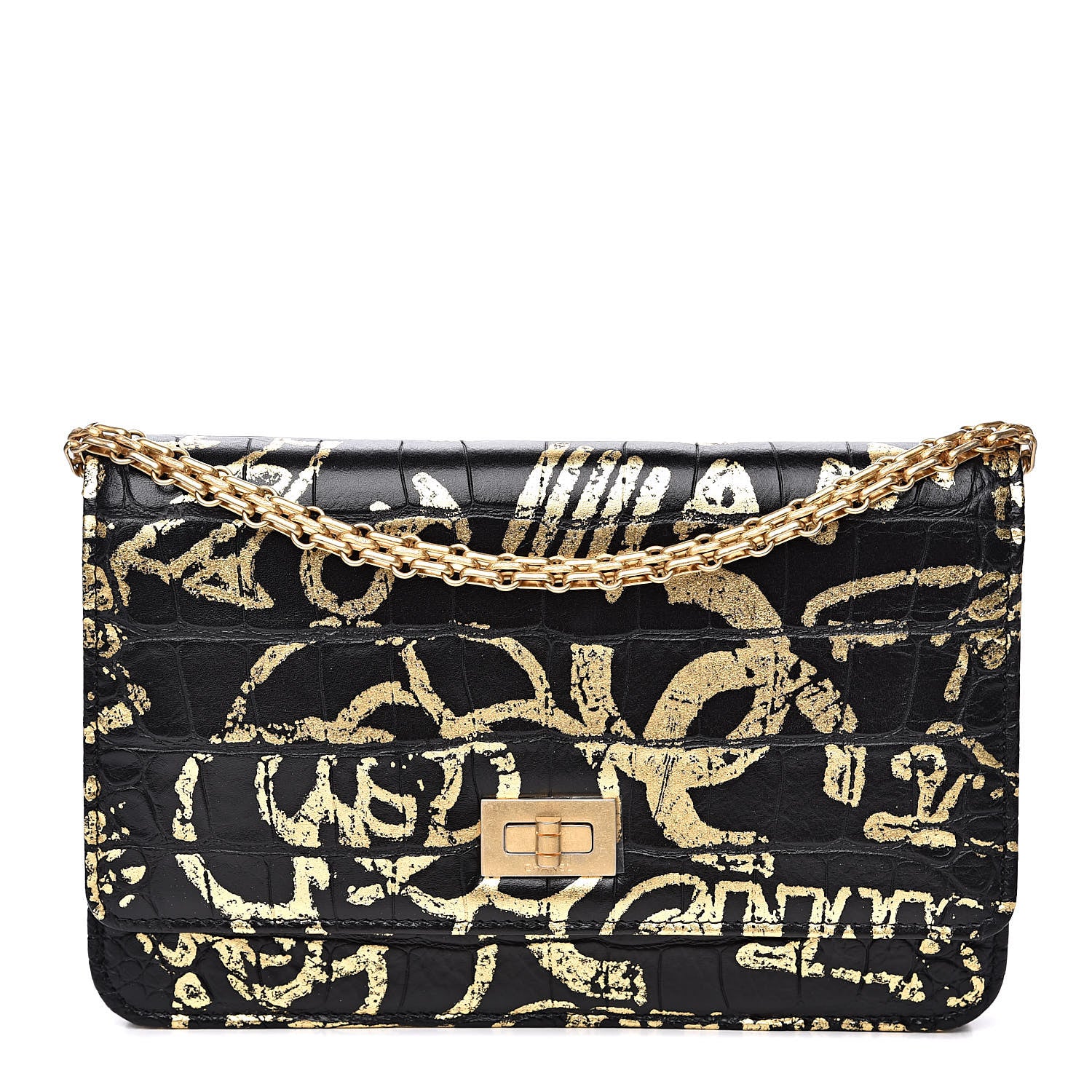 Chanel Calfskin Crocodile Embossed Graffiti 2.55 Crocodile Reissue Wallet On Chain WOC Black Gold 1 of 12