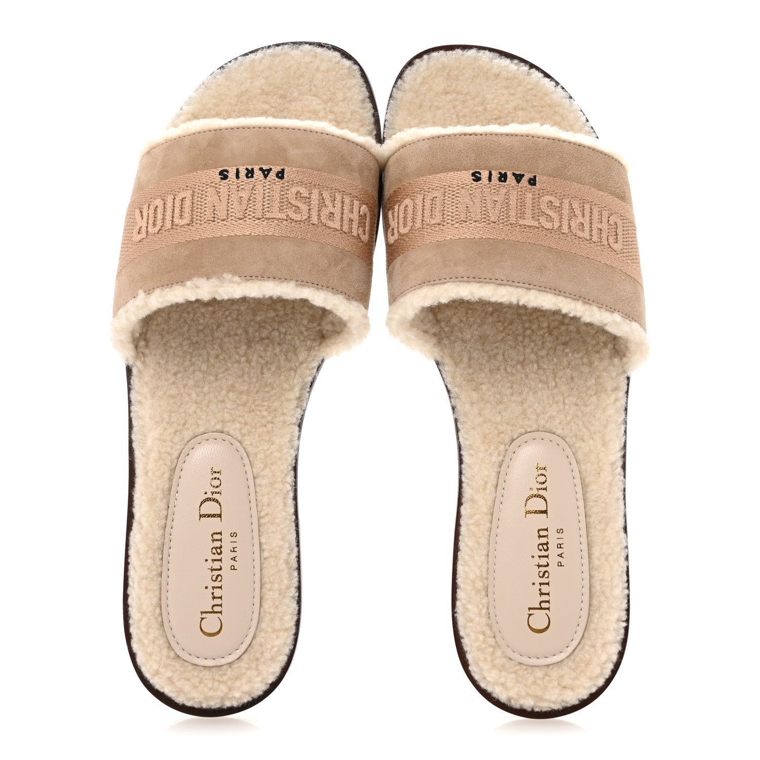 Christian Dior Suede Goatskin Shearling Embroidered Dway Slide Sandals 38 Cookie 2 of 10