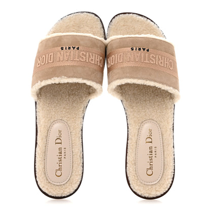 Christian Dior Suede Goatskin Shearling Embroidered Dway Slide Sandals 38 Cookie 2 of 10
