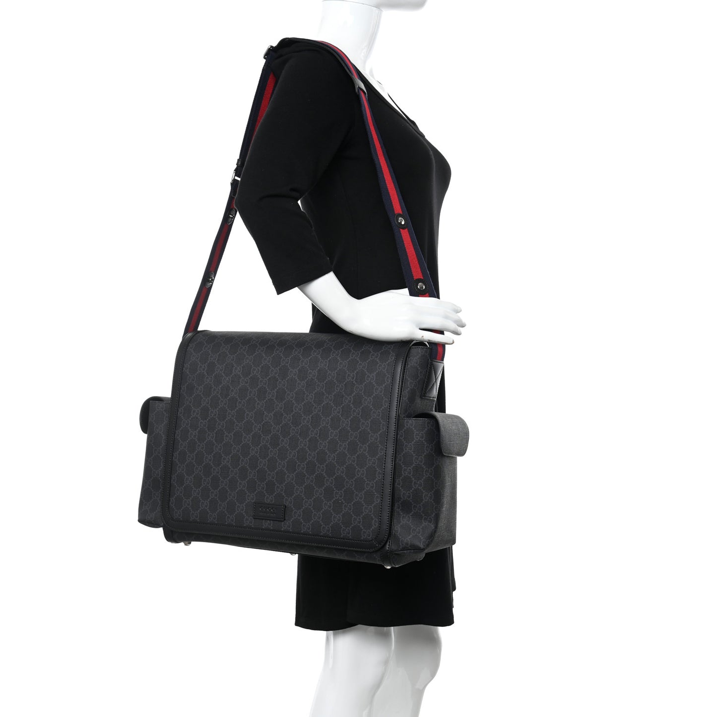 GG Supreme Monogram Web Messenger Diaper Bag Black Grey