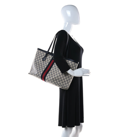 GG Supreme Monogram Textured Calfskin Web Medium Ophidia Shopping Tote Beige Blue