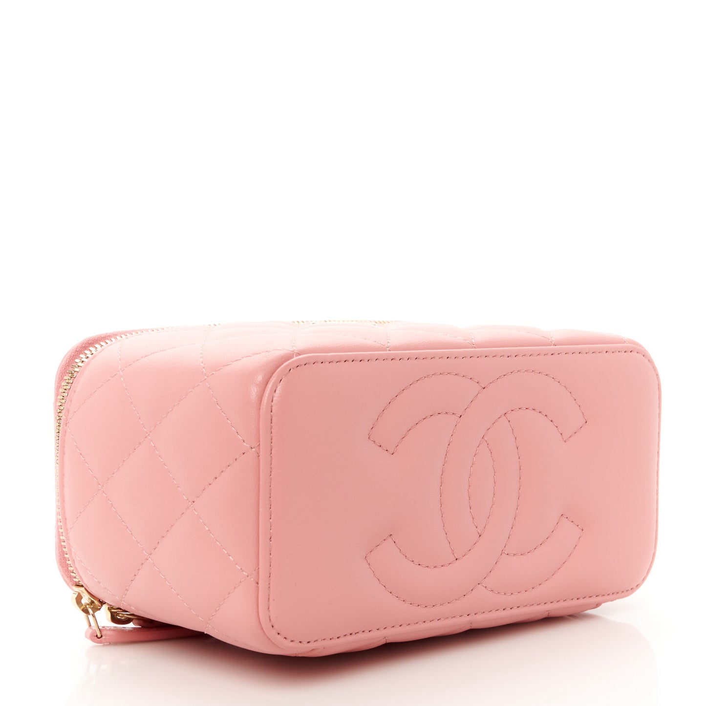 Lambskin Quilted Small Top Handle Vanity Case With Chain Light Pink