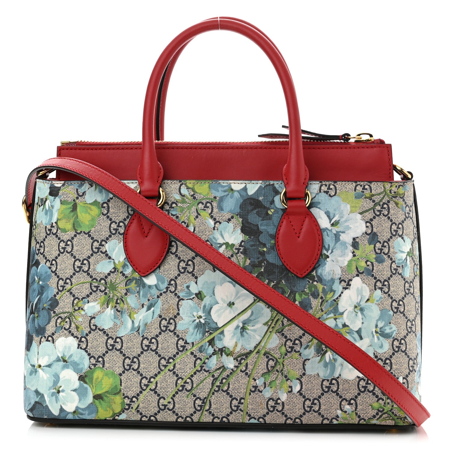 Gucci GG Supreme Monogram Blooms Medium Zip Top Tote Beige Blue Navy Hibiscus Red 1 of 9