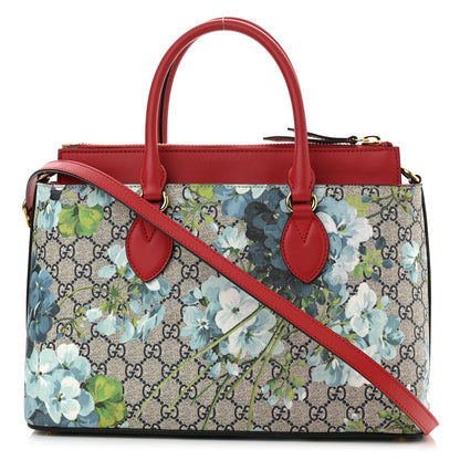Gucci GG Supreme Monogram Blooms Medium Zip Top Tote Beige Blue Navy Hibiscus Red 1 of 9