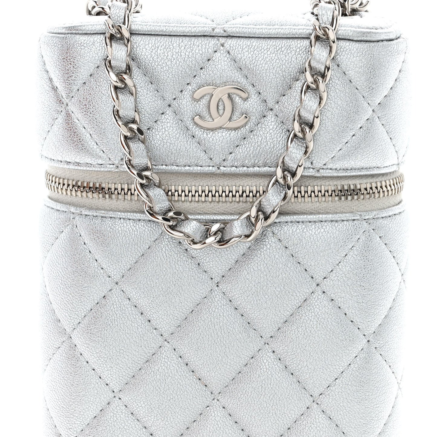 Metallic Lambskin Quilted Phone Holder With Chain Silver