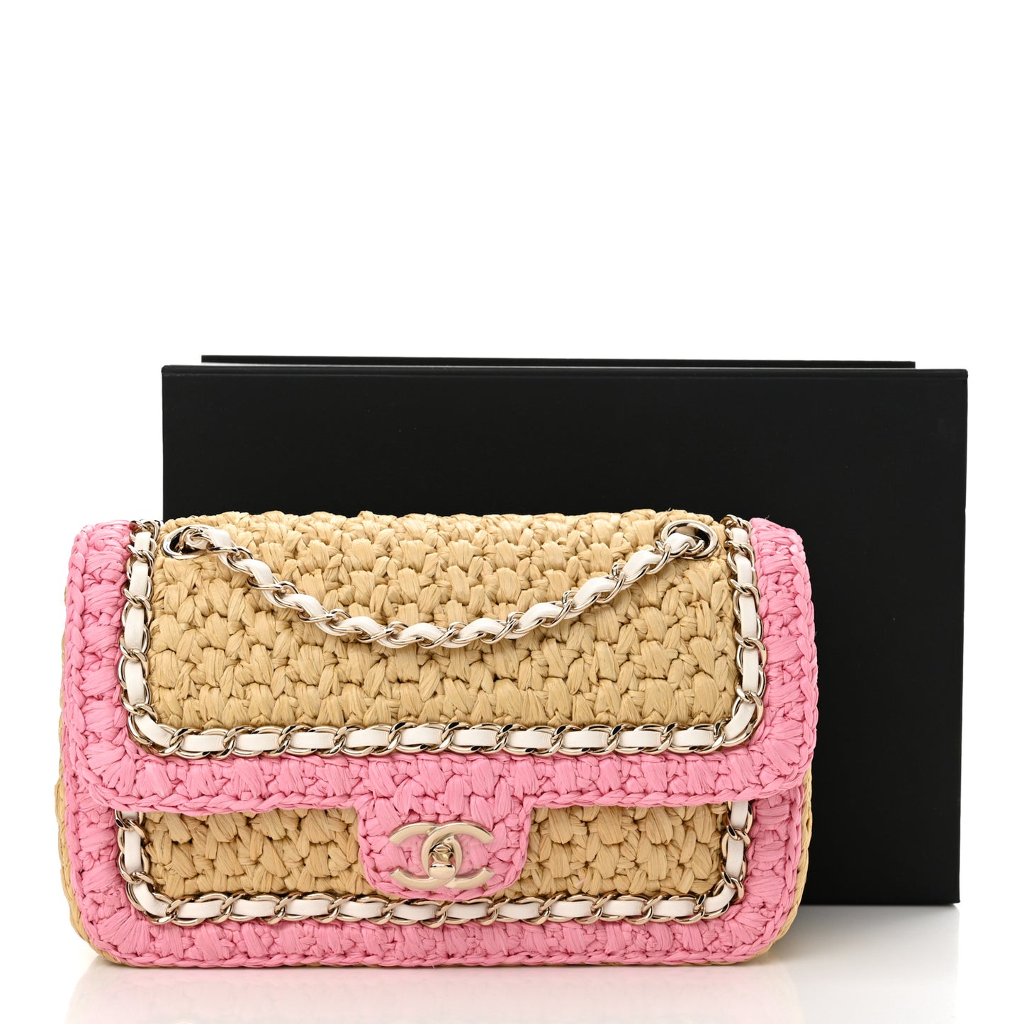 Raffia Chain Venice Beach Flap Bag Beige Pink