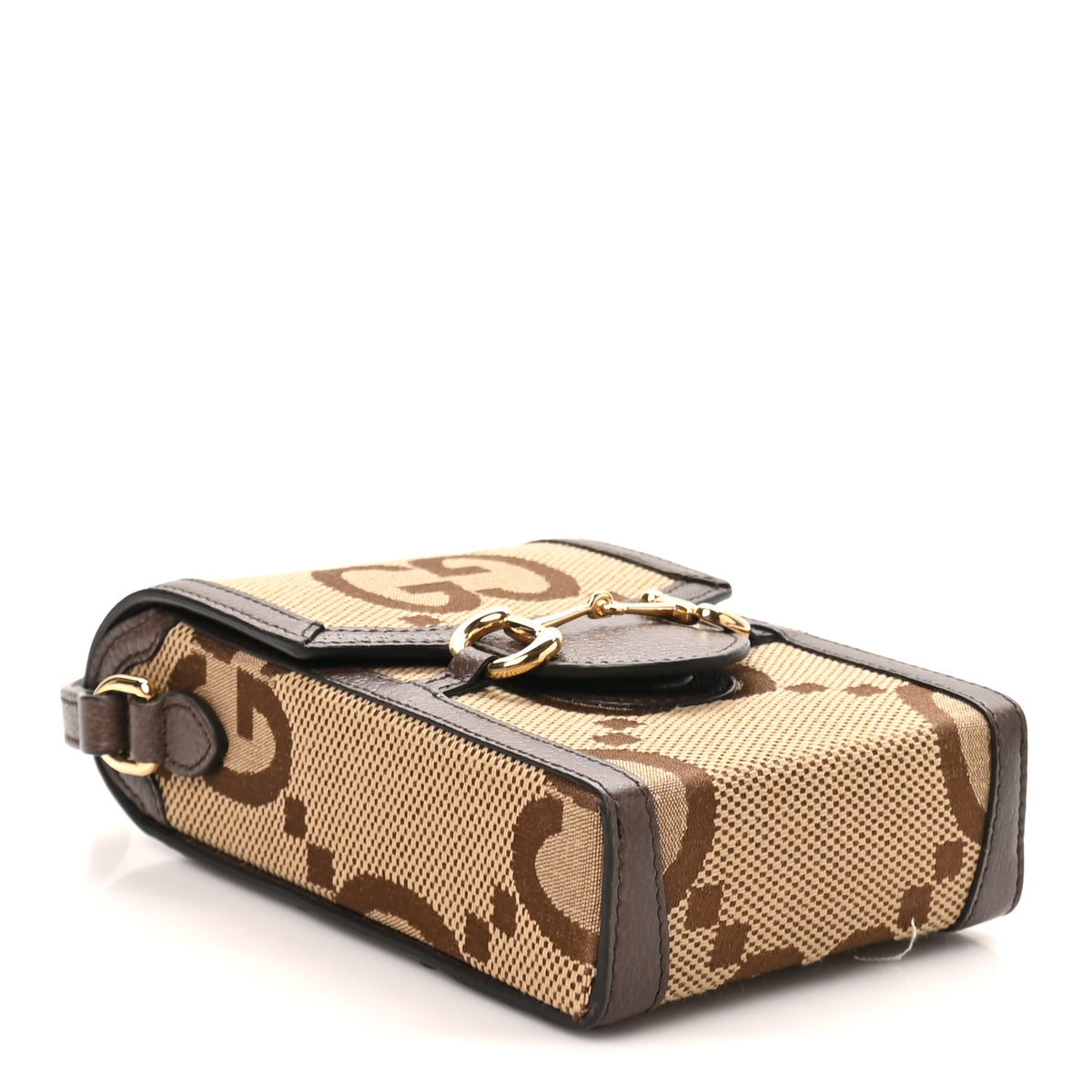 Gucci Monogram Jumbo GG Textured Dollar Calfskin Mini Horsebit 1955 Crossbody Bag Camel Ebony New Acero 4 of 10