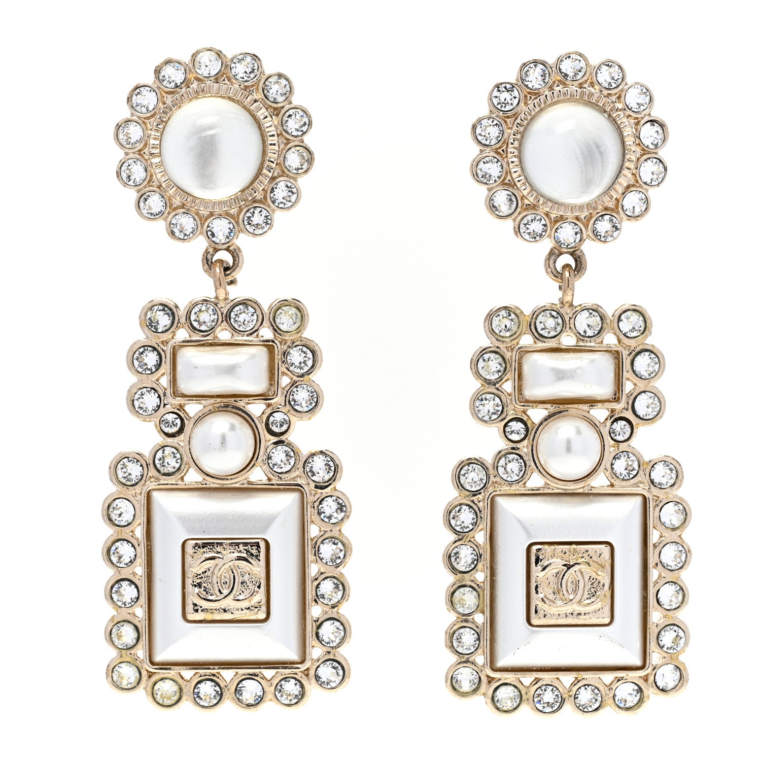Chanel Resin Crystal Pearl Perfume Bottle Drop Earrings Gold White 1 of 4