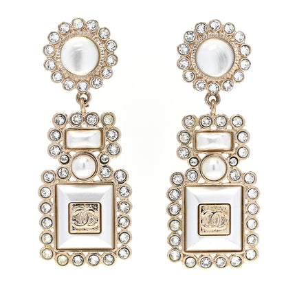 Chanel Resin Crystal Pearl Perfume Bottle Drop Earrings Gold White 1 of 4