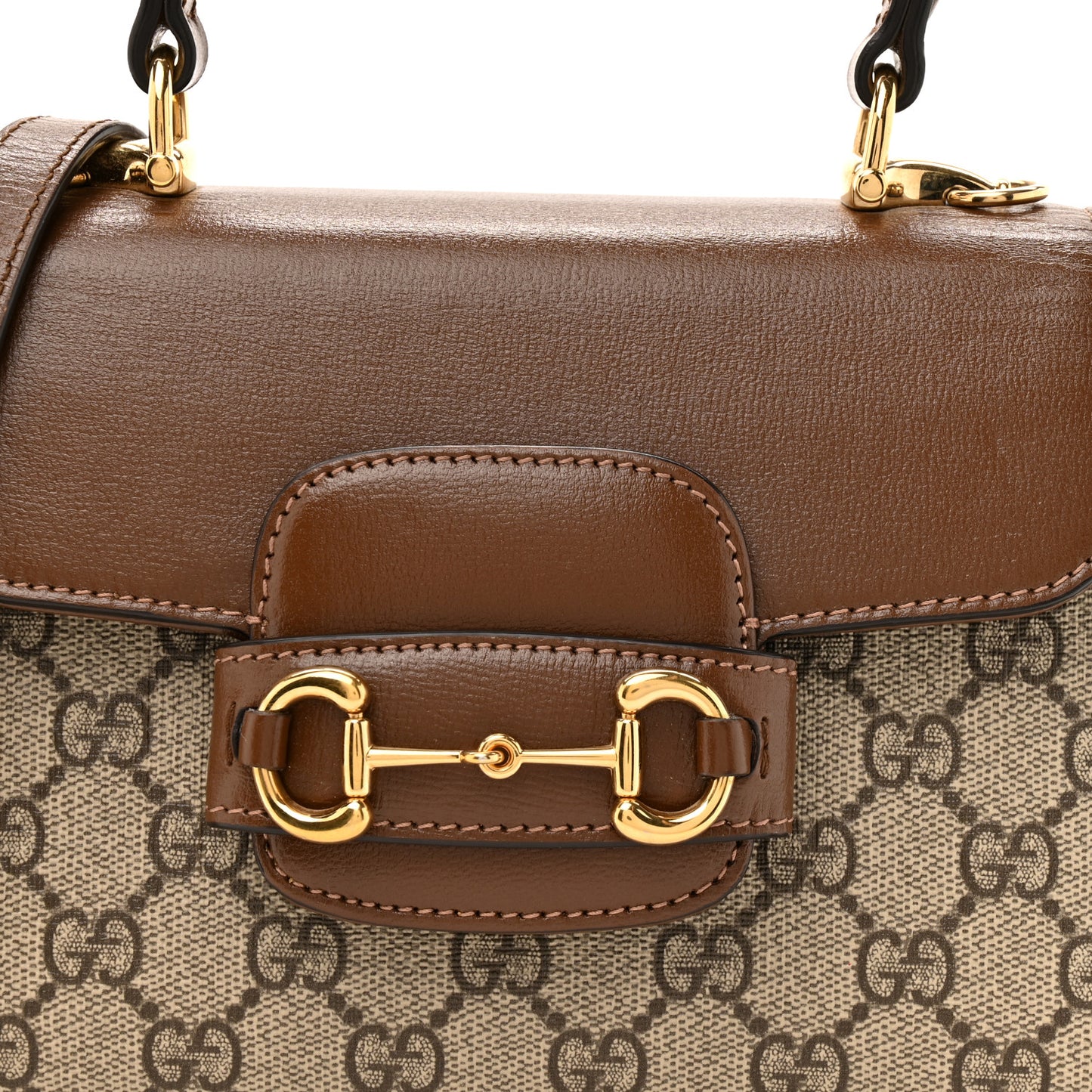 GG Supreme Monogram Azalea Calfskin Mini Horsebit 1955 Top Handle Flap Bag Beige Ebony Brown Sugar