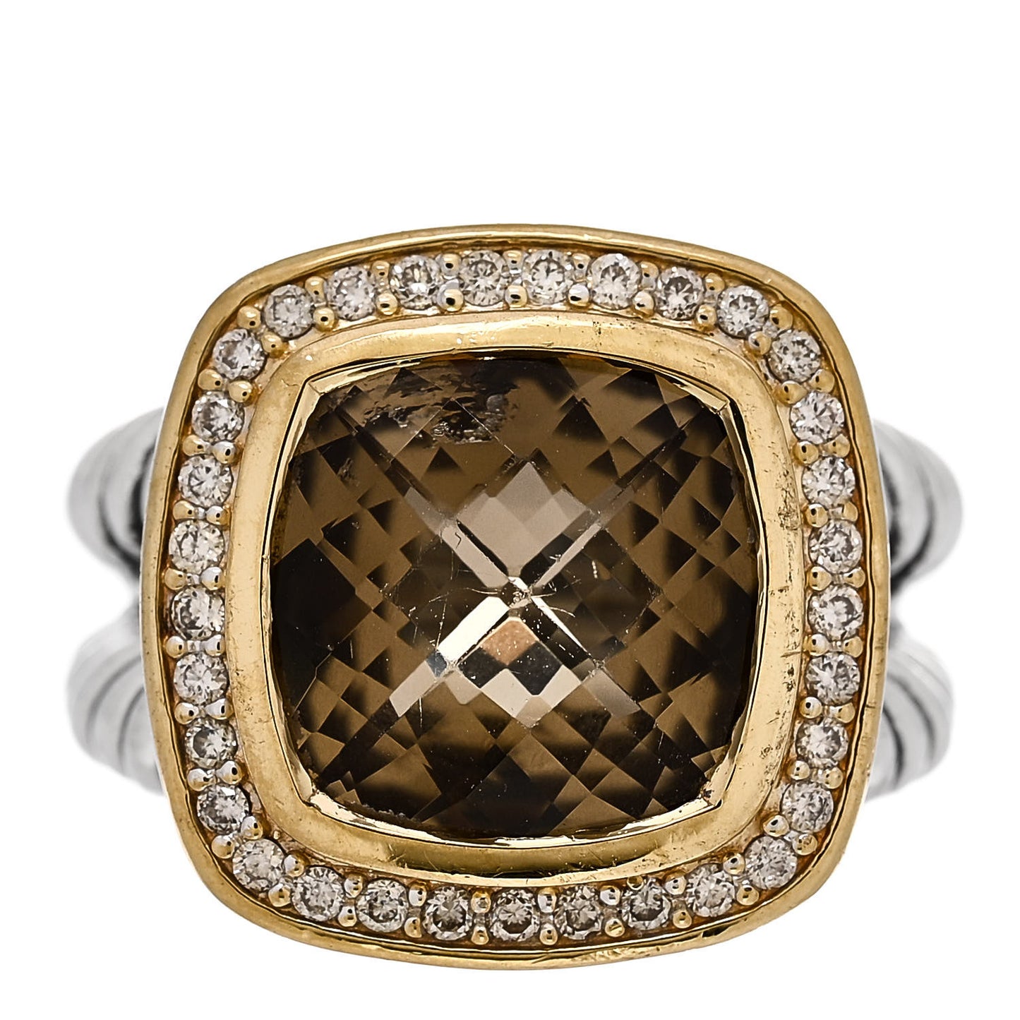 Sterling Silver 18K Yellow Gold Diamond Smoky Quartz 11mm Albion Ring 49 4.75