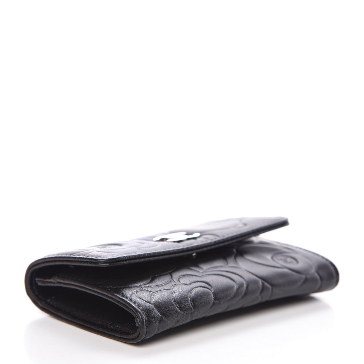Lambskin Camellia Embossed Card Holder Wallet Black