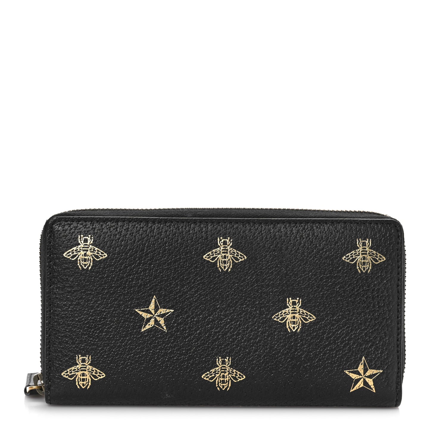 Dollar Calfskin Bee Star Zip Around Wallet Black