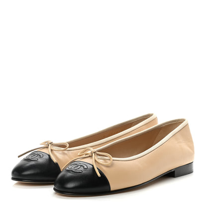 Chanel Lambskin Cap Toe CC Ballerina Flats 38 Beige Black 3 of 9