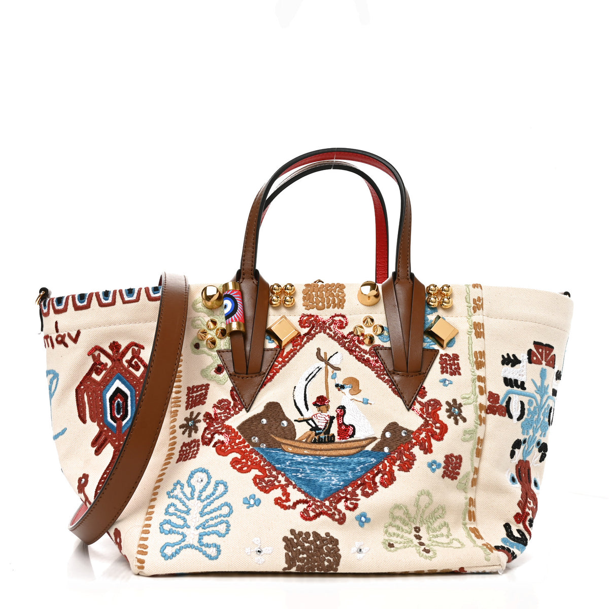 Frise Broderie Calfskin Greekaba Tote Biscotto Multicolor