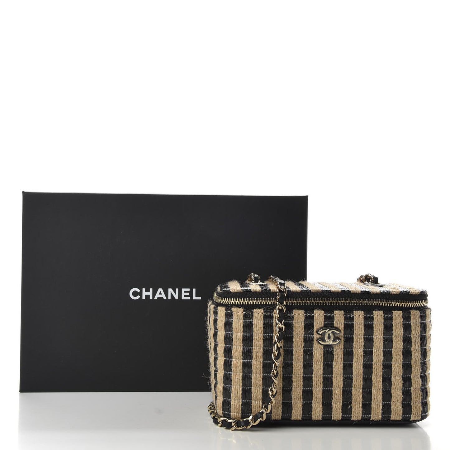 Raffia Jute Striped Small Vanity Case With Chain Black Beige