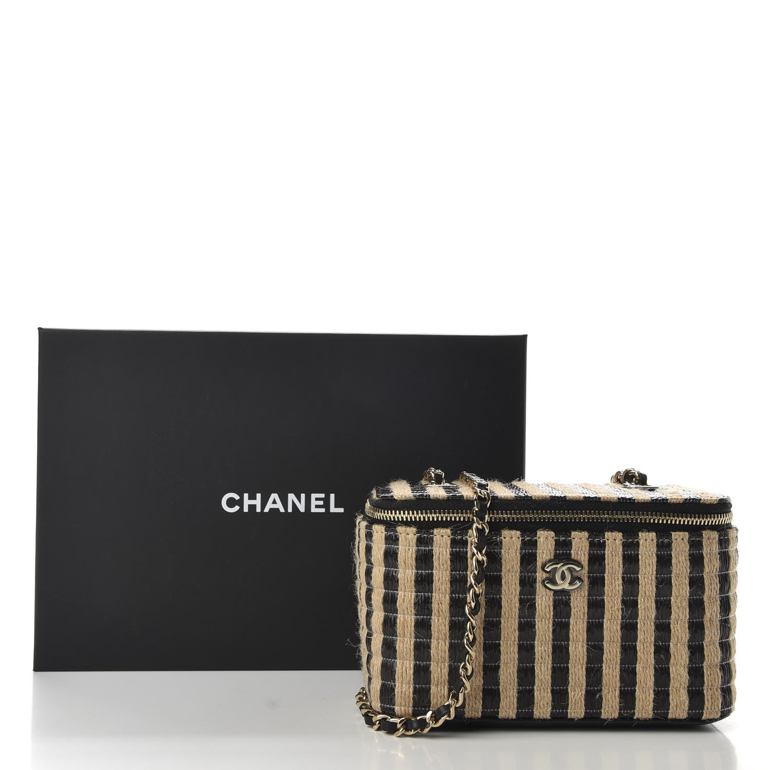 Chanel Raffia Jute Striped Small Vanity Case With Chain Black Beige 11 of 11