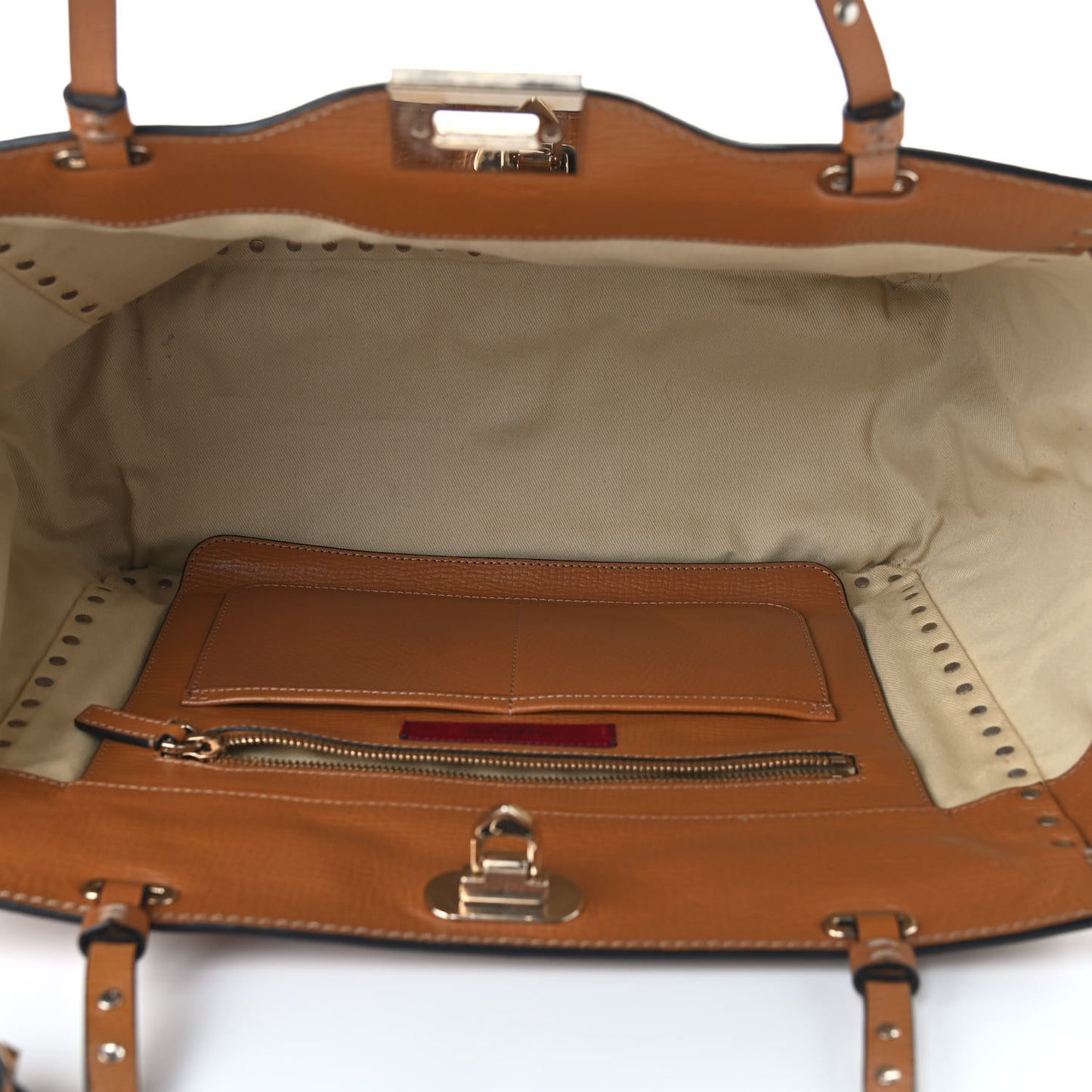 Textured Calfskin Medium Rockstud Tote Camel