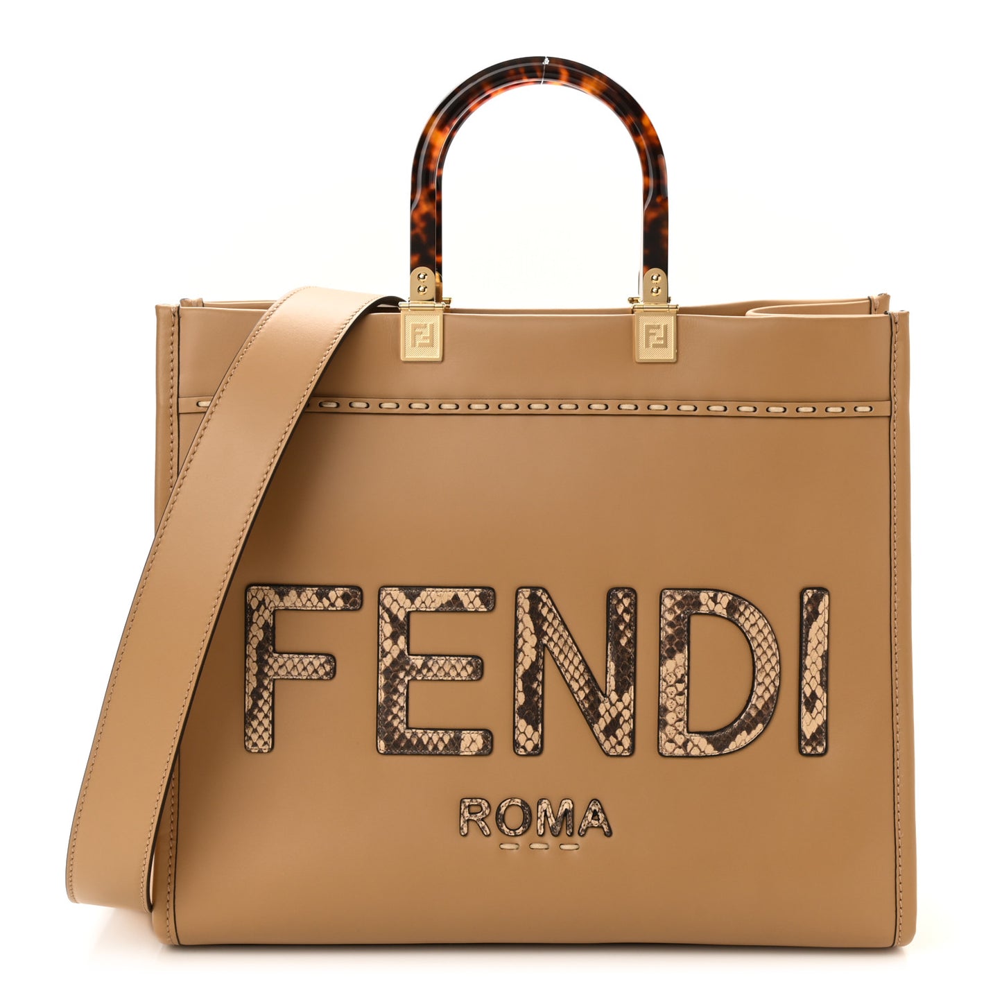 Vitello King Plexiglass Elaphe Python Print Logo Medium Fendi Sunshine Shopper Tote Miele Scuro Makeup
