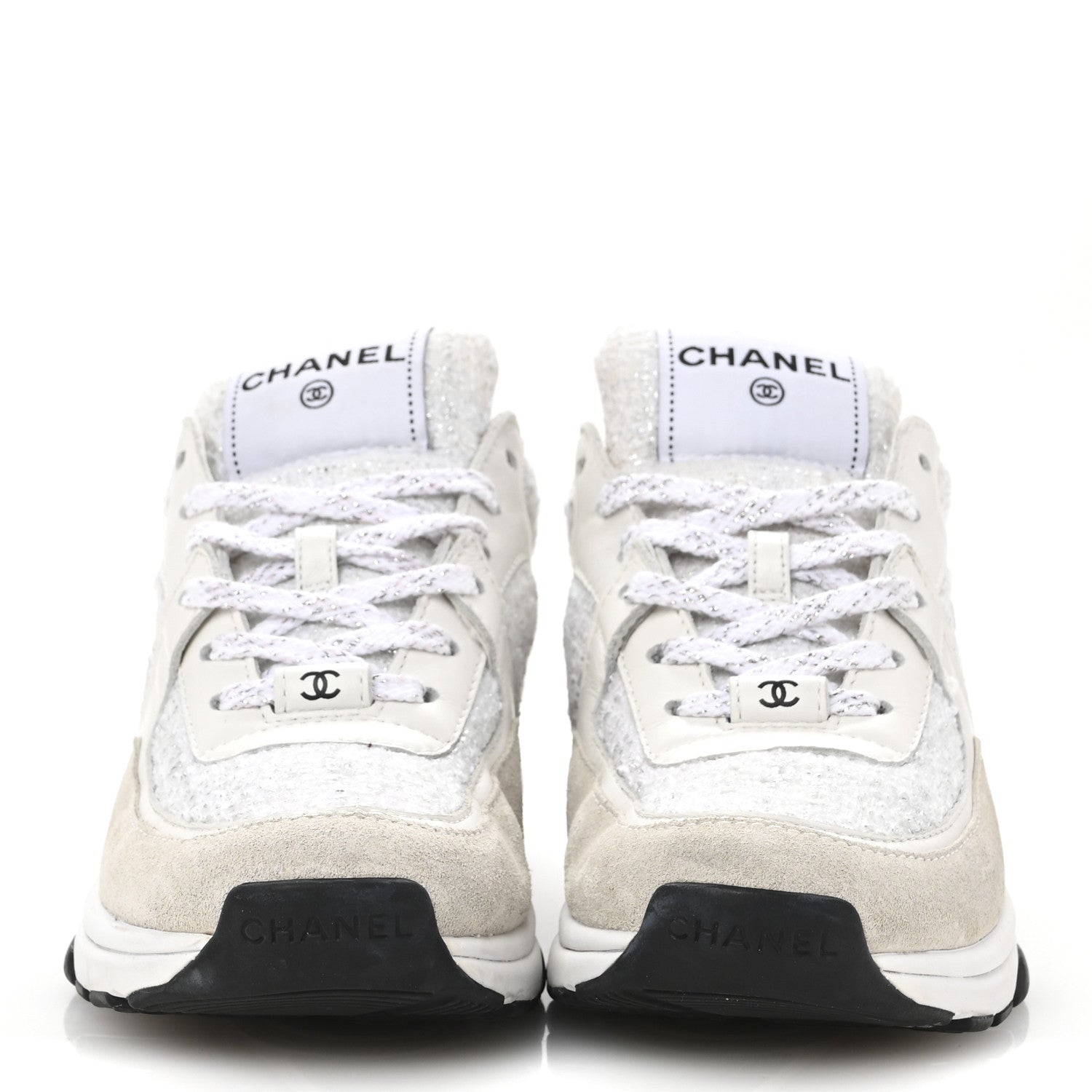 Chanel Painted Iridescent Cotton Tweed Suede Calfskin Womens CC Sneakers 35.5 White Silver Multicolor 3 of 9