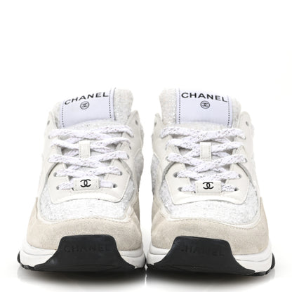 Chanel Painted Iridescent Cotton Tweed Suede Calfskin Womens CC Sneakers 35.5 White Silver Multicolor 3 of 9