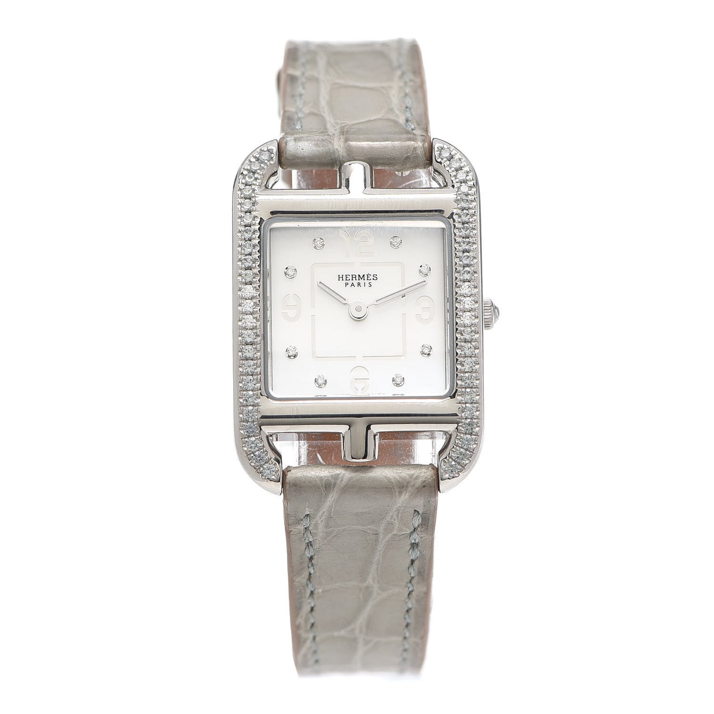 Stainless Steel Alligator Diamond Bezel Grey Sapphire Mother of Pearl 23mm Cape Cod Quartz Watch Gris Perle