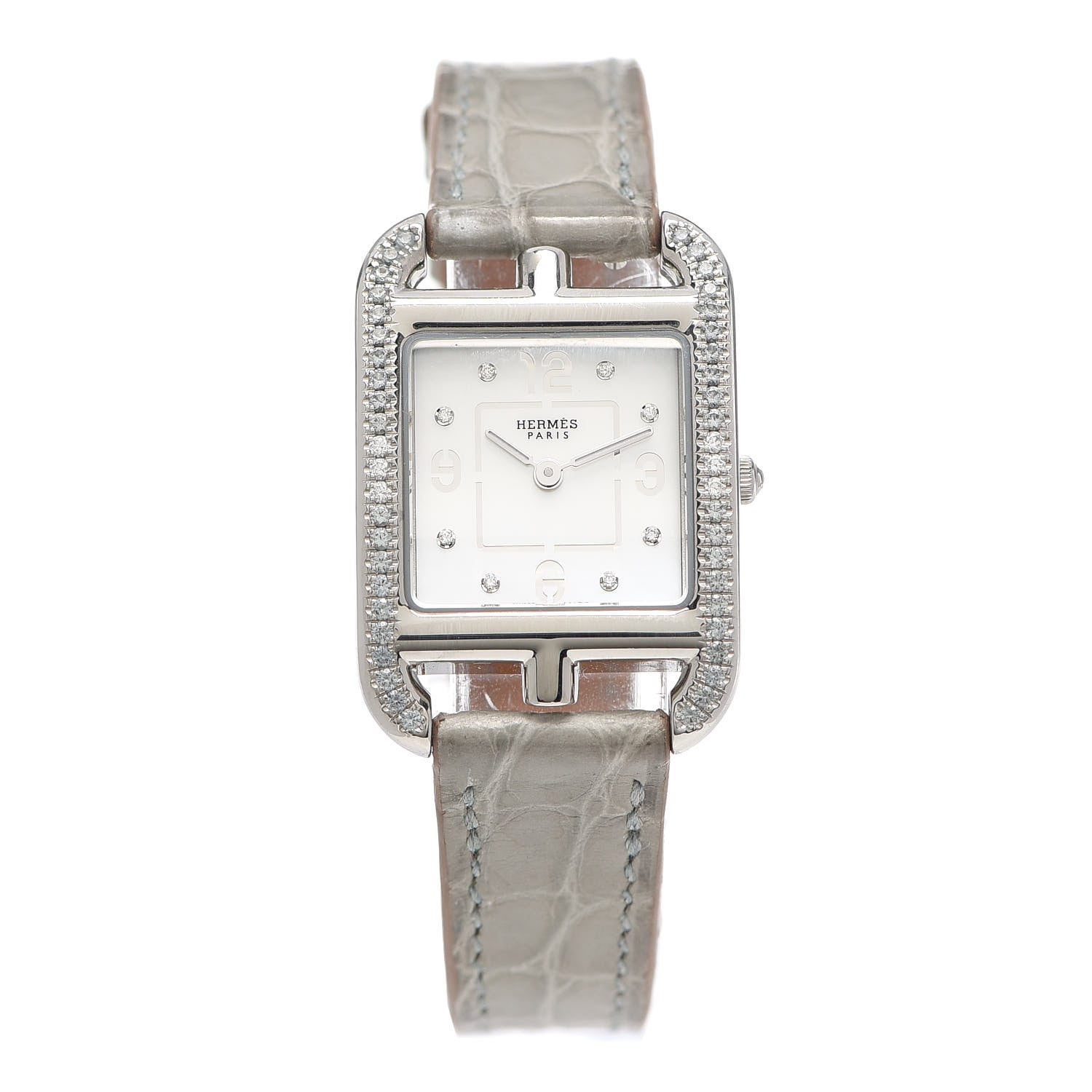 Hermes Stainless Steel Alligator Diamond Bezel Grey Sapphire Mother of Pearl 23mm Cape Cod Quartz Watch Gris Perle 1 of 5