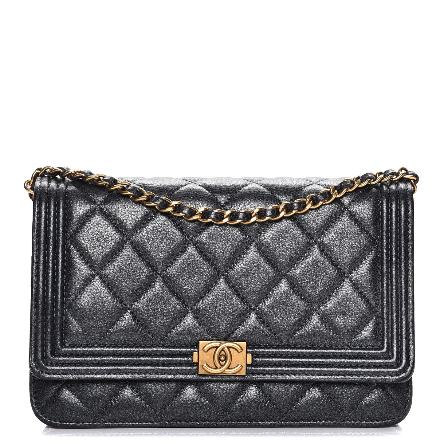 Metallic Calfskin Quilted Boy Wallet On Chain WOC Charcoal