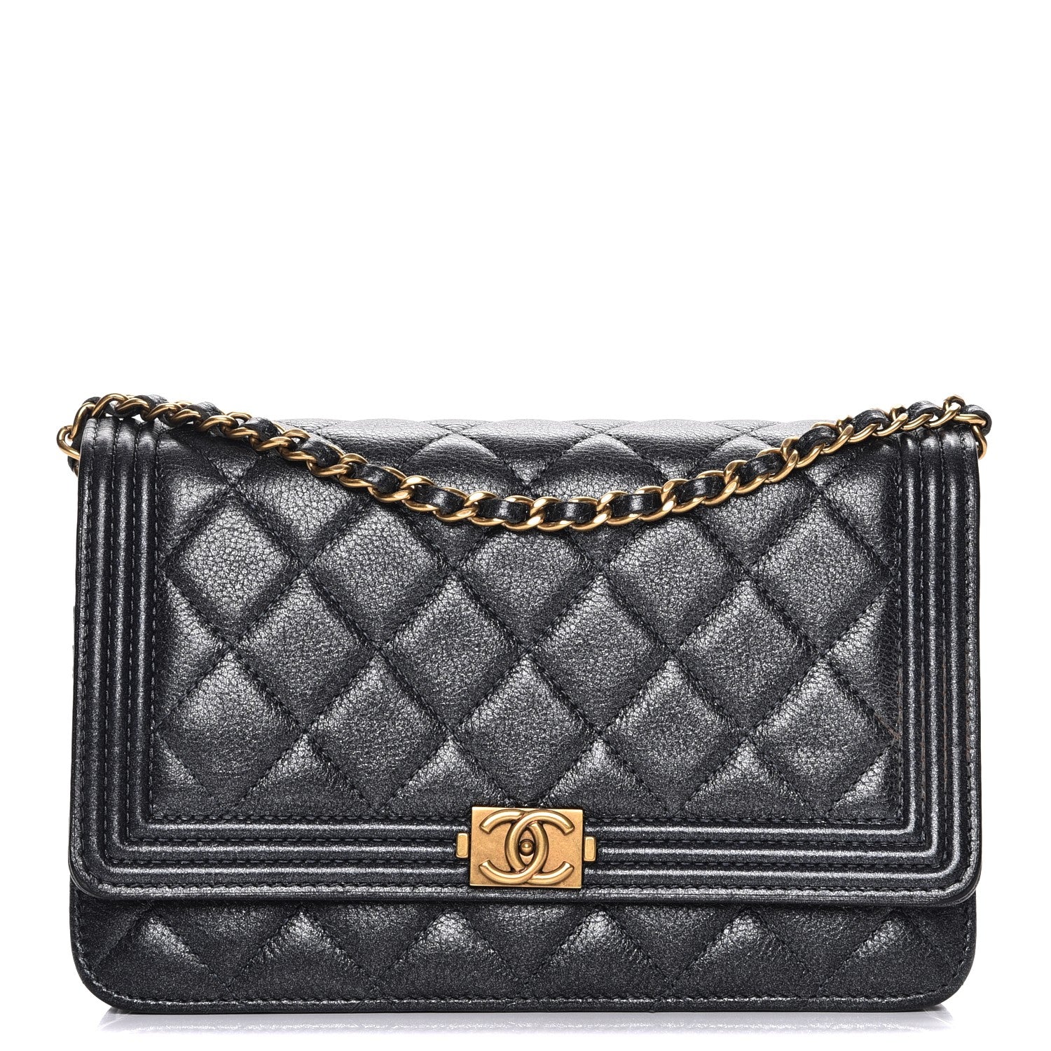 Chanel Metallic Calfskin Quilted Boy Wallet On Chain WOC Charcoal 1 of 9