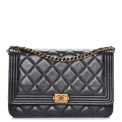 Chanel Metallic Calfskin Quilted Boy Wallet On Chain WOC Charcoal 1 of 9