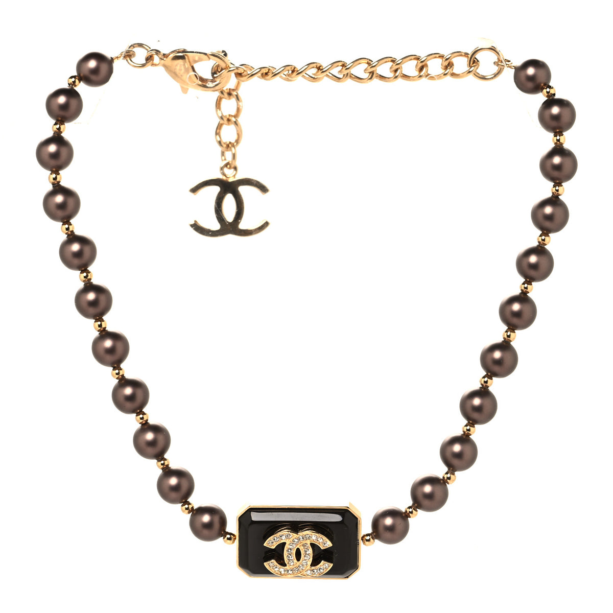 Chanel Pearl Crystal CC Choker Necklace Brown Gold 3 of 4