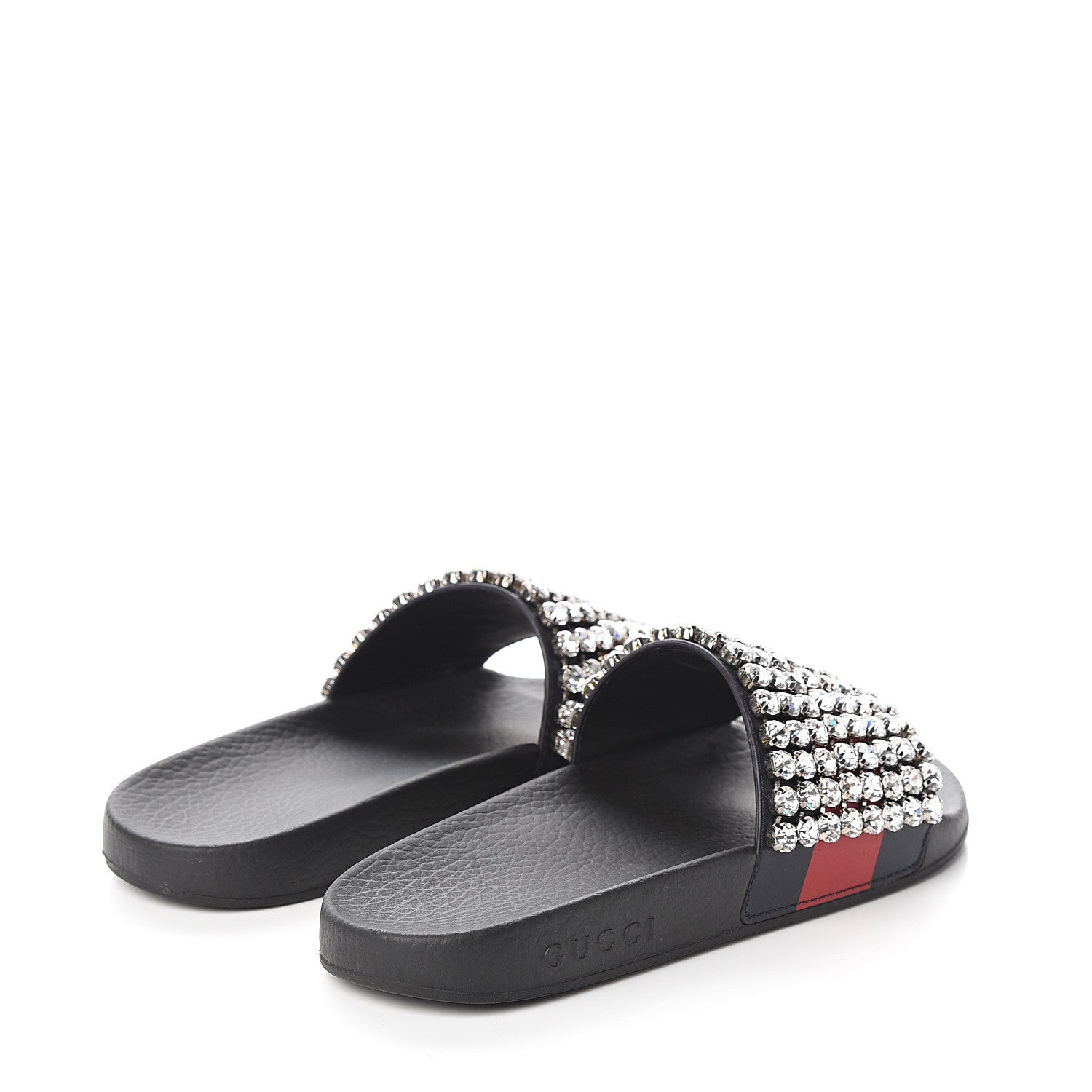 Gucci Calfskin Crystal Embellished Web Slide Sandals 37 Blue Red 4 of 8