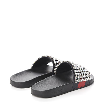 Gucci Calfskin Crystal Embellished Web Slide Sandals 37 Blue Red 4 of 8
