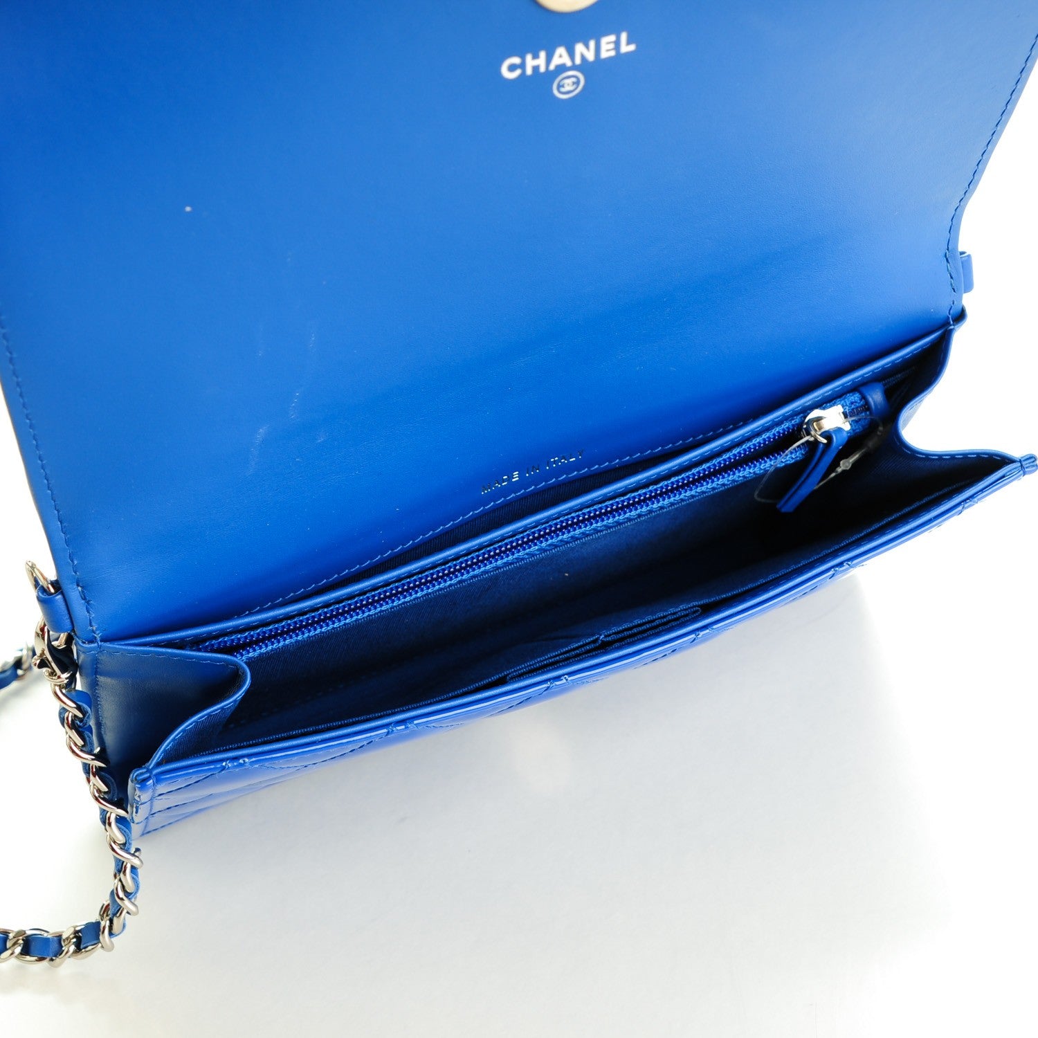 Chanel Patent Calfskin Quilted Boy Wallet on Removable Chain Blue 5 of 8