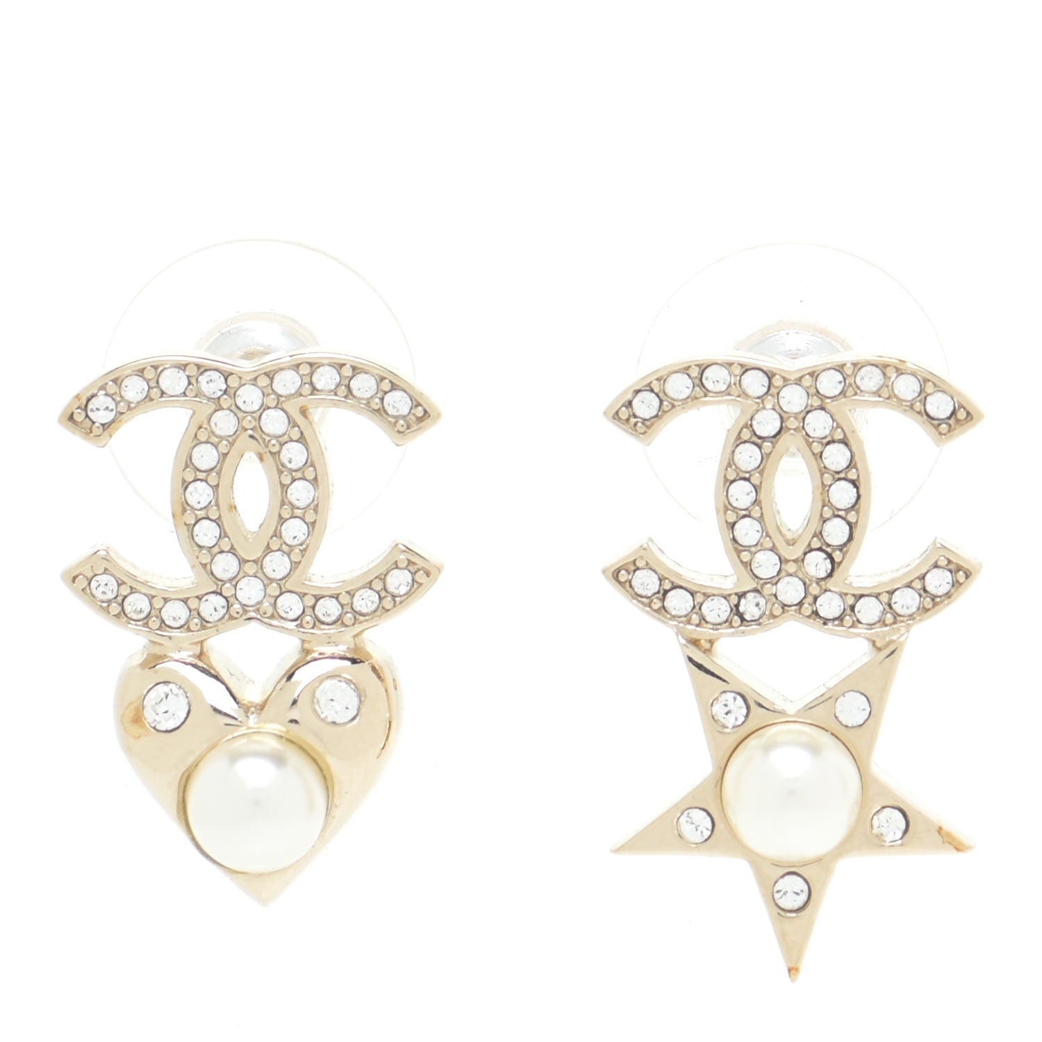 Chanel Crystal Pearl Charming Winter CC Star Heart Earrings Gold 1 of 4