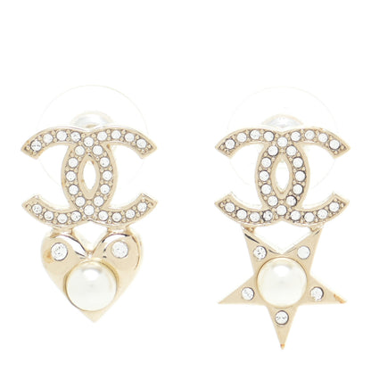 Chanel Crystal Pearl Charming Winter CC Star Heart Earrings Gold 1 of 4