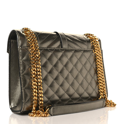 Saint Laurent Metallic Grain De Poudre Textured Mixed Matelasse Triquilt Medium Monogram Satchel Piombo 3 of 9